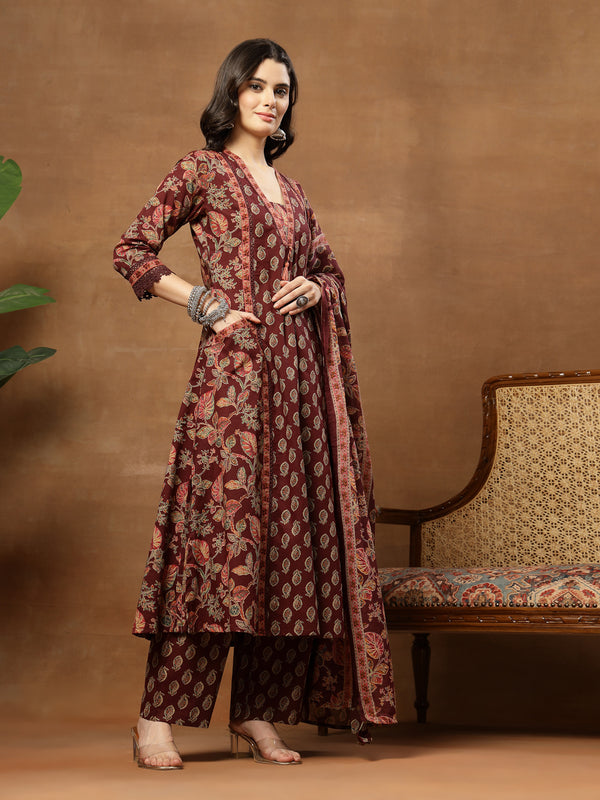 Kimayra Cotton Calf Length Printed 3/4 Sleeve V-Neck Flared Kurta Suit Set