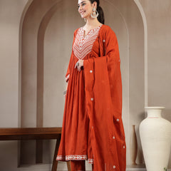 Kimayra Cotton Calf Length Solid 3/4 Sleeve Round Neck Flared Kurta Suit Set