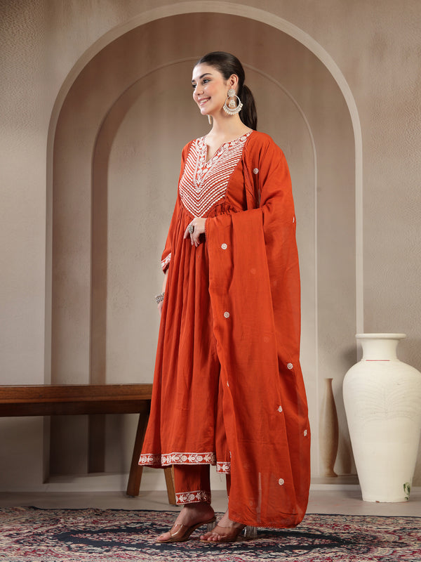 Kimayra Cotton Calf Length Solid 3/4 Sleeve Round Neck Flared Kurta Suit Set