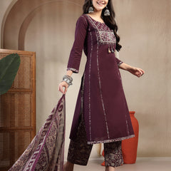 Kimayra Cotton Calf Length Solid 3/4 Sleeve Round Neck Straight Kurta Suit Set