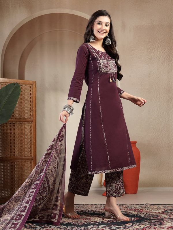 Kimayra Cotton Calf Length Solid 3/4 Sleeve Round Neck Straight Kurta Suit Set