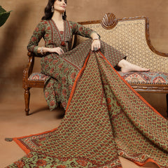 Kimayra Cotton Calf Length Printed 3/4 Sleeve V-Neck Flared Kurta Suit Set