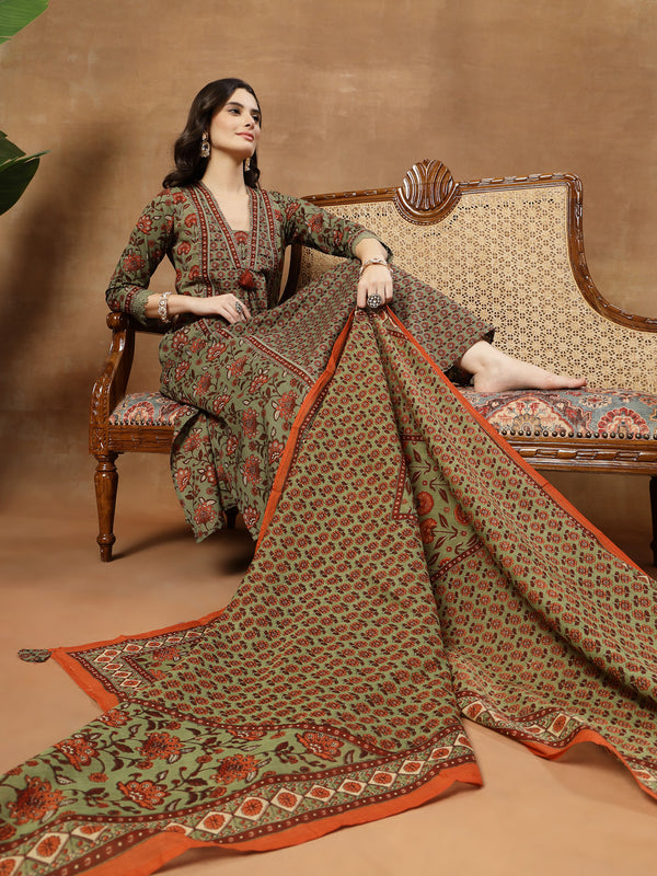 Kimayra Cotton Calf Length Printed 3/4 Sleeve V-Neck Flared Kurta Suit Set