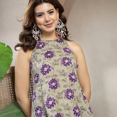 Kimayra Cotton Calf Length Printed Sleeveless Round Neck Flared Kurta Suit Set