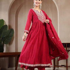 Kimayra Cotton Calf Length Solid 3/4 Sleeve Round Neck Flared Kurta Suit Set