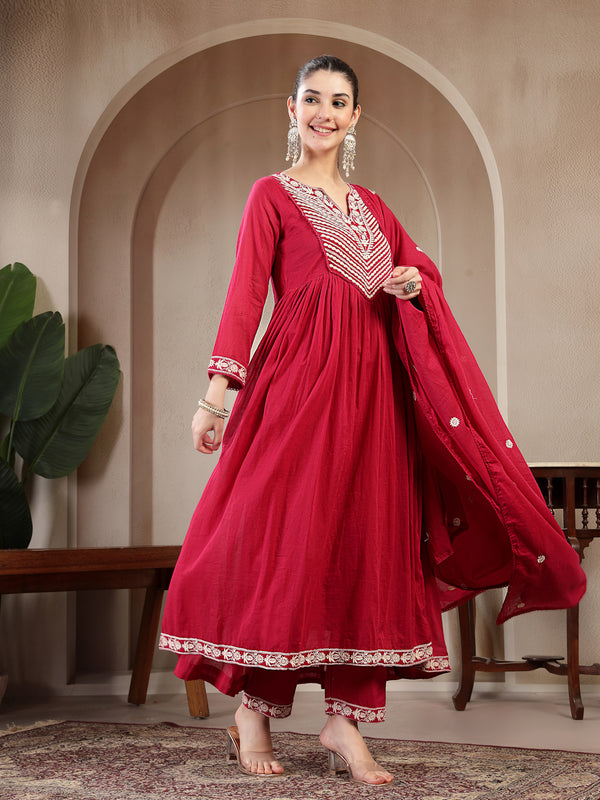 Kimayra Cotton Calf Length Solid 3/4 Sleeve Round Neck Flared Kurta Suit Set