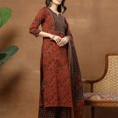 Kimayra Cotton Calf Length Printed 3/4 Sleeve Round Neck Straight Kurta Suit Set