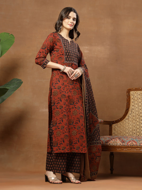 Kimayra Cotton Calf Length Printed 3/4 Sleeve Round Neck Straight Kurta Suit Set