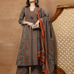 Kimayra Cotton Calf Length Printed 3/4 Sleeve V-Neck Flared Kurta Suit Set