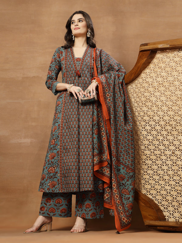 Kimayra Cotton Calf Length Printed 3/4 Sleeve V-Neck Flared Kurta Suit Set