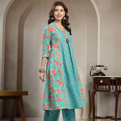Kimayra Cotton Calf Length Printed 3/4 Sleeve V-Neck Flared Kurta Suit Set