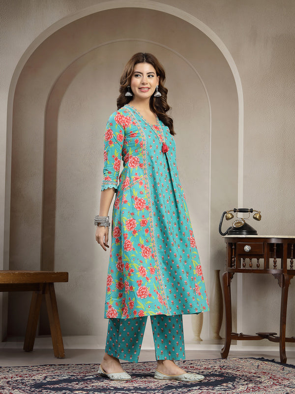 Kimayra Cotton Calf Length Printed 3/4 Sleeve V-Neck Flared Kurta Suit Set