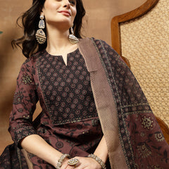 Kimayra Cotton Calf Length Printed 3/4 Sleeve Round Neck Straight Kurta Suit Set