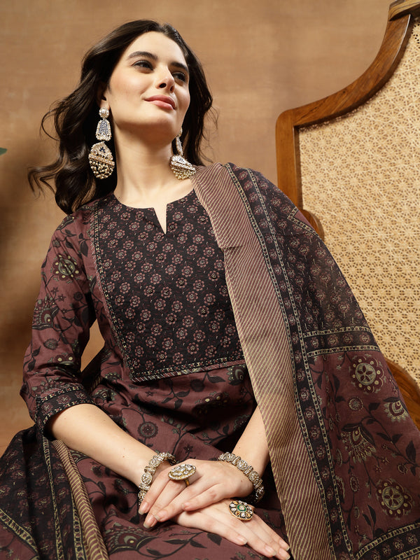 Kimayra Cotton Calf Length Printed 3/4 Sleeve Round Neck Straight Kurta Suit Set