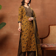 Kimayra Cotton Calf Length Printed 3/4 Sleeve Round Neck Straight Kurta Suit Set