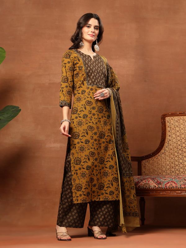 Kimayra Cotton Calf Length Printed 3/4 Sleeve Round Neck Straight Kurta Suit Set