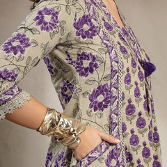 Kimayra Cotton Calf Length Printed 3/4 Sleeve V-Neck A-Line Kurta Suit Set
