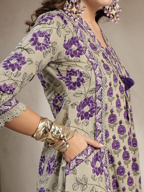 Kimayra Cotton Calf Length Printed 3/4 Sleeve V-Neck A-Line Kurta Suit Set