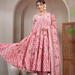 Kimayra Cotton Calf Length Printed 3/4 Sleeve Key Hole Neck Flared Kurta Suit Set