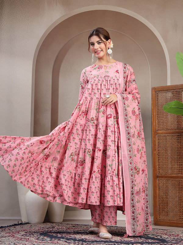 Kimayra Cotton Calf Length Printed 3/4 Sleeve Key Hole Neck Flared Kurta Suit Set