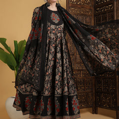 Cotton Flared Printed Embroidered A-Line3/4 Sleeves Round Neck Kurta Suit Set With Dupatta