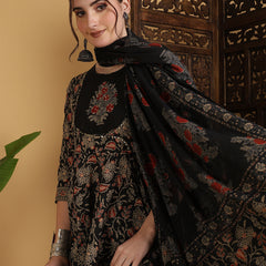 Cotton Flared Printed Embroidered A-Line3/4 Sleeves Round Neck Kurta Suit Set With Dupatta