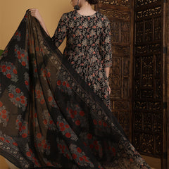 Cotton Flared Printed Embroidered A-Line3/4 Sleeves Round Neck Kurta Suit Set With Dupatta