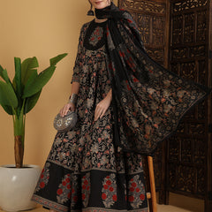 Cotton Flared Printed Embroidered A-Line3/4 Sleeves Round Neck Kurta Suit Set With Dupatta
