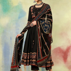 Cotton Calf Length Printed Embroidered A-Line3/4 Sleeves Round Neck Kurta Suit Set With Dupatta