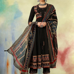 Cotton Calf Length Printed Embroidered A-Line3/4 Sleeves Round Neck Kurta Suit Set With Dupatta