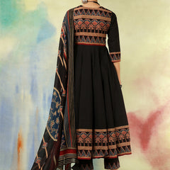 Cotton Calf Length Printed Embroidered A-Line3/4 Sleeves Round Neck Kurta Suit Set With Dupatta