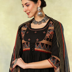 Cotton Calf Length Printed Embroidered A-Line3/4 Sleeves Round Neck Kurta Suit Set With Dupatta