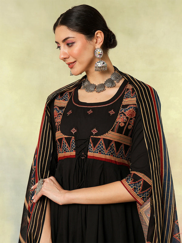 Cotton Calf Length Printed Embroidered A-Line3/4 Sleeves Round Neck Kurta Suit Set With Dupatta