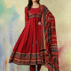 Cotton Calf Length Printed Embroidered A-Line3/4 Sleeves Round Neck Kurta Suit Set With Dupatta