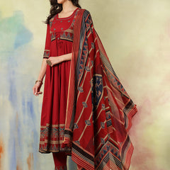 Cotton Calf Length Printed Embroidered A-Line3/4 Sleeves Round Neck Kurta Suit Set With Dupatta