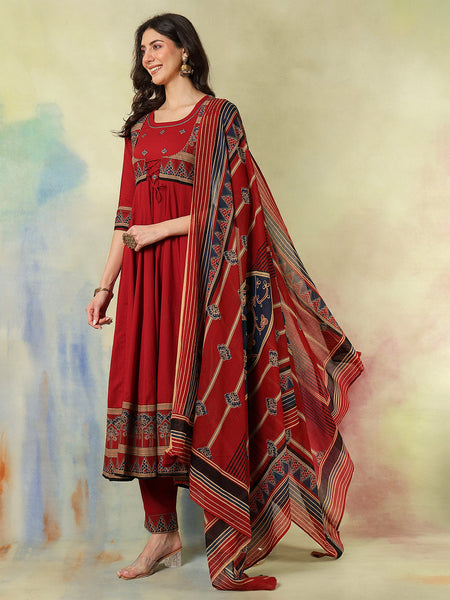 Cotton Calf Length Printed Embroidered A-Line3/4 Sleeves Round Neck Kurta Suit Set With Dupatta