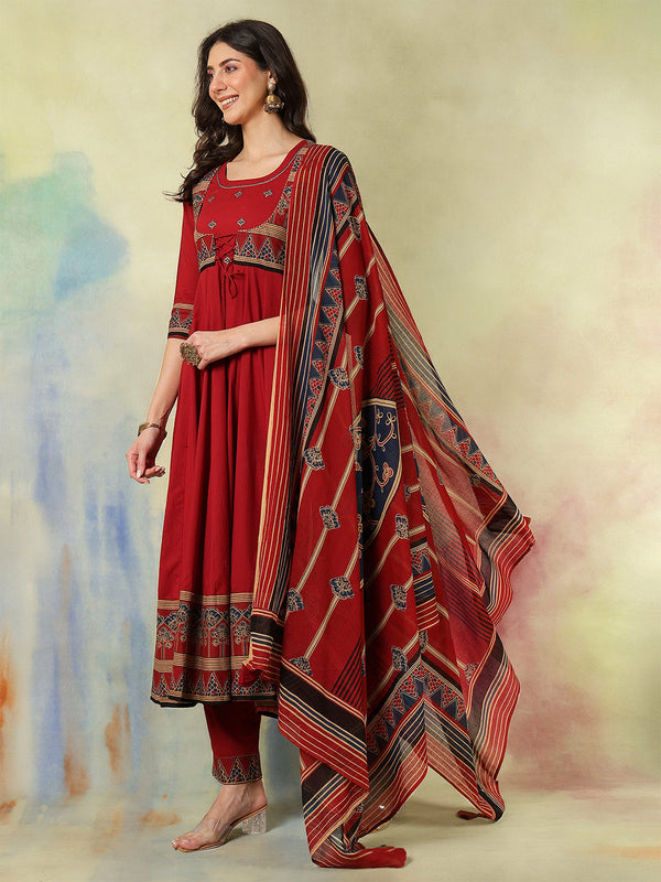 Cotton Calf Length Printed Embroidered A-Line3/4 Sleeves Round Neck Kurta Suit Set With Dupatta