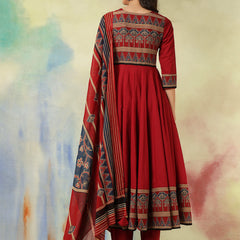Cotton Calf Length Printed Embroidered A-Line3/4 Sleeves Round Neck Kurta Suit Set With Dupatta