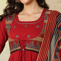 Cotton Calf Length Printed Embroidered A-Line3/4 Sleeves Round Neck Kurta Suit Set With Dupatta