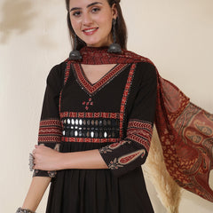 Rayon Calf Length Solid 3/4 Sleeves V-Neck Semi-Flared Kurta Suit Set With Dupatta