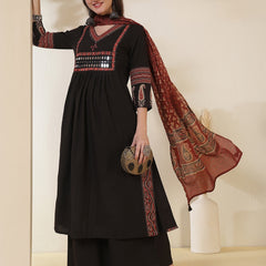 Rayon Calf Length Solid 3/4 Sleeves V-Neck Semi-Flared Kurta Suit Set With Dupatta
