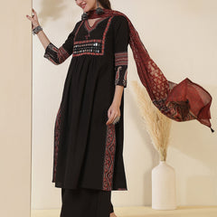 Rayon Calf Length Solid 3/4 Sleeves V-Neck Semi-Flared Kurta Suit Set With Dupatta
