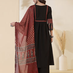 Rayon Calf Length Solid 3/4 Sleeves V-Neck Semi-Flared Kurta Suit Set With Dupatta