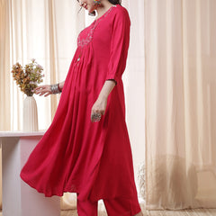 Rayon Calf Length Solid 3/4 Sleeves Round Neck Flared Kurta Suit Set With Dupatta