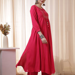 Rayon Calf Length Solid 3/4 Sleeves Round Neck Flared Kurta Suit Set With Dupatta