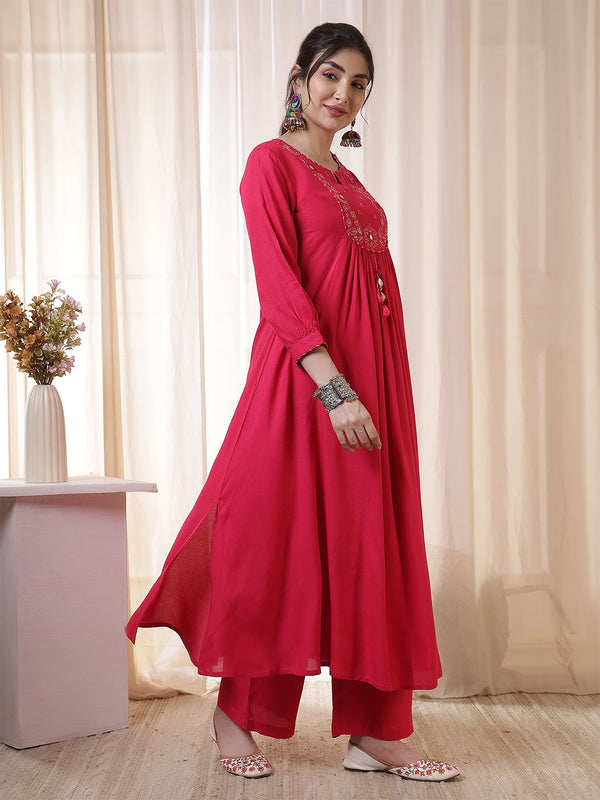 Rayon Calf Length Solid 3/4 Sleeves Round Neck Flared Kurta Suit Set With Dupatta