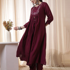 Rayon Calf Length Solid 3/4 Sleeves Round Neck Flared Kurta Suit Set With Dupatta