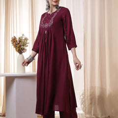 Rayon Calf Length Solid 3/4 Sleeves Round Neck Flared Kurta Suit Set With Dupatta
