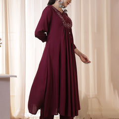 Rayon Calf Length Solid 3/4 Sleeves Round Neck Flared Kurta Suit Set With Dupatta