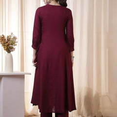 Rayon Calf Length Solid 3/4 Sleeves Round Neck Flared Kurta Suit Set With Dupatta
